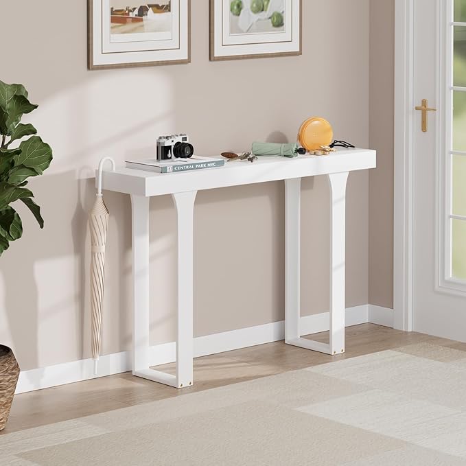 Bamboo 47.2" Narrow Console Table, Farmhouse Side Table, Wood Entryway Table, Modern Sofa Table Behind Couch with Storage Shelves for Entrance, Living Room, Hallway, Foyer (White)