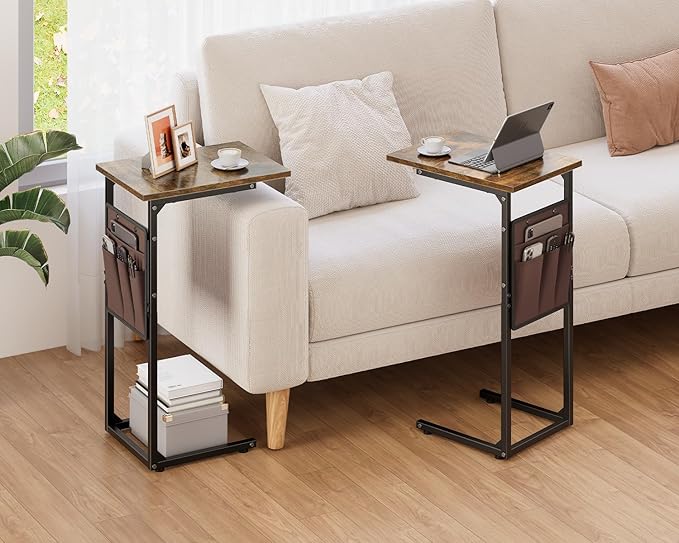 Vagusicc C Shaped End Table, Small Side Table for Couch, Tall Couch Side Table C Table for Small Space, TV Tray Slide Under Sofa Snack Table with Metal Frame for Living Room, Bedroom, Bedside, Brown