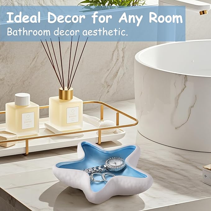 Ceramic Starfish Jewelry Tray, Blue Shell Trinket Dish Beach Gift for Women, Ocean-themed Ring Holder Candy Dish Decorative Tray for Earrings Necklaces Watch Key, Coastal Blue Room Decor