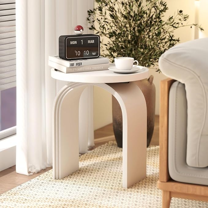 Round Side Table, Modern White Wood End Table with Sturdy Base, Small Drink Table for Living Room, Bedroom and Small Spaces