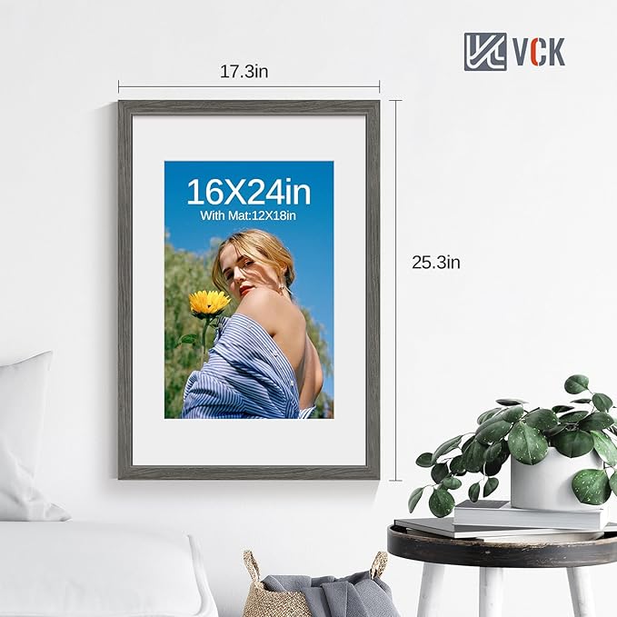 VCK 16x24 Poster Frame 2 Pack - Grey, High-End Wood Picture Frames with Polished Plexiglass, Display 12x18 Photo with Mat or 16x24 without Mat, Art Gallery-Quality, Wall Hanging, Grey