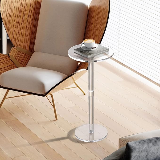 Acrylic End Table, Clear Side Tables for Small Space, 9.8" Round Modern Drink Table for Living Room, Bedroom, Bathroom, Office, Outdoor, Business, Sturdy and Easy to Install