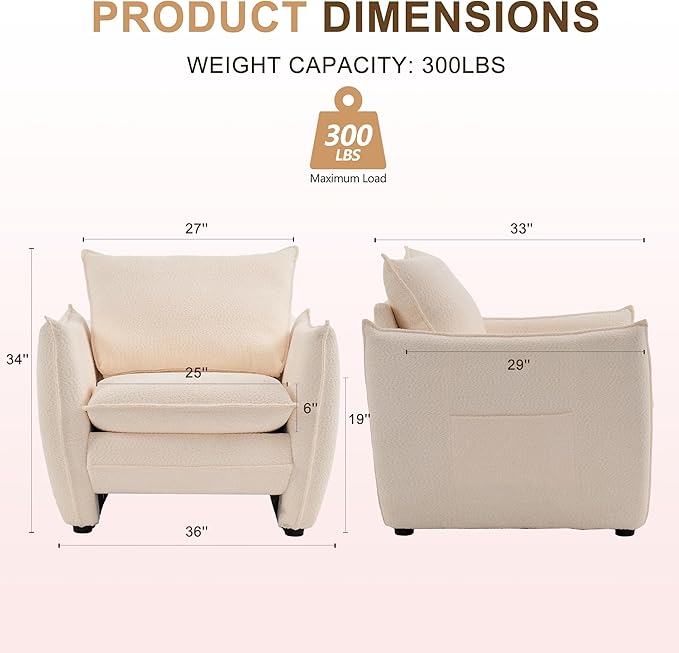Oversized Accent Chair, Modern Single Sofa Cloud Chairs with Removable Pillow, Deep Seat Comfy Armchair for Living Room Bedroom Reading Nook - Upholstered Lounge Chair (Beige)