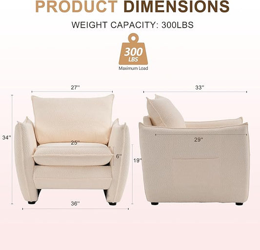 Oversized Accent Chair, Modern Single Sofa Cloud Chairs with Removable Pillow, Deep Seat Comfy Armchair for Living Room Bedroom Reading Nook - Upholstered Lounge Chair (Beige)