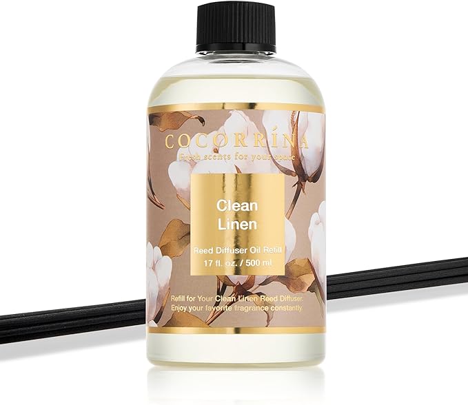 Cocorrína Reed Diffuser Refill Clean Linen 17oz (500ml) with 8 Rattan Sticks - Premium Long-Lasting Scented Oil, Home Fragrance for Bedroom, Bathroom Home Decor