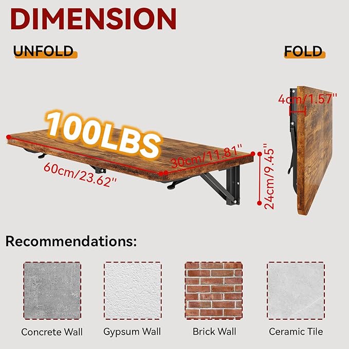 IBUYKE Wall Mounted Folding Table, Floating Wall Desk for Small Spaces, Fold Down Laundry Shelf with Heavy-Duty Brackets, Wall Table for Home Office/Bar/Kitchen/Dining, Rustic Brown UTVT005H