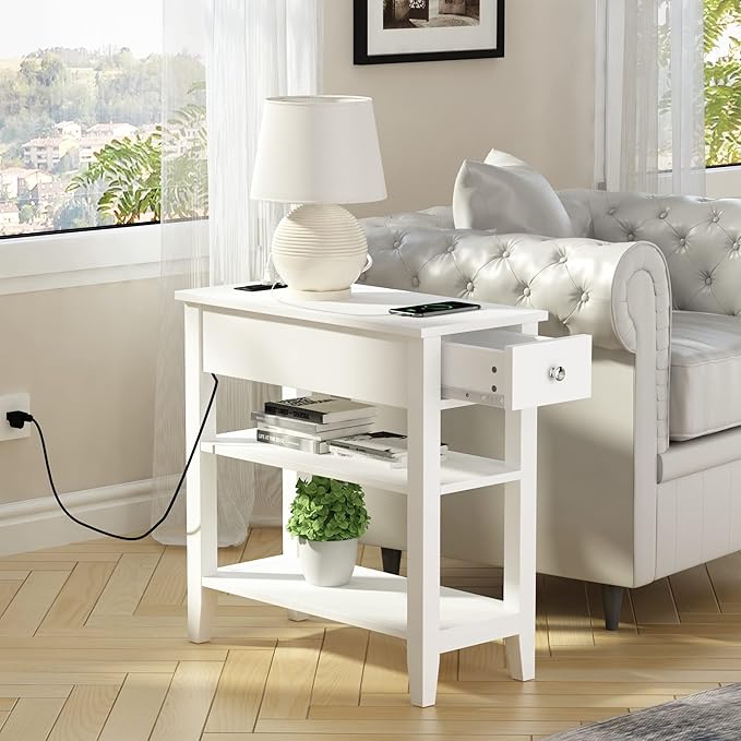 ChooChoo Narrow End Table with Charging Station, Side Table Living Room with USB Ports & Power Outlets and Hidden Drawer, 3-Tier Skinny Nightstand with 2 Open Storage Shelves for Small Place (White)