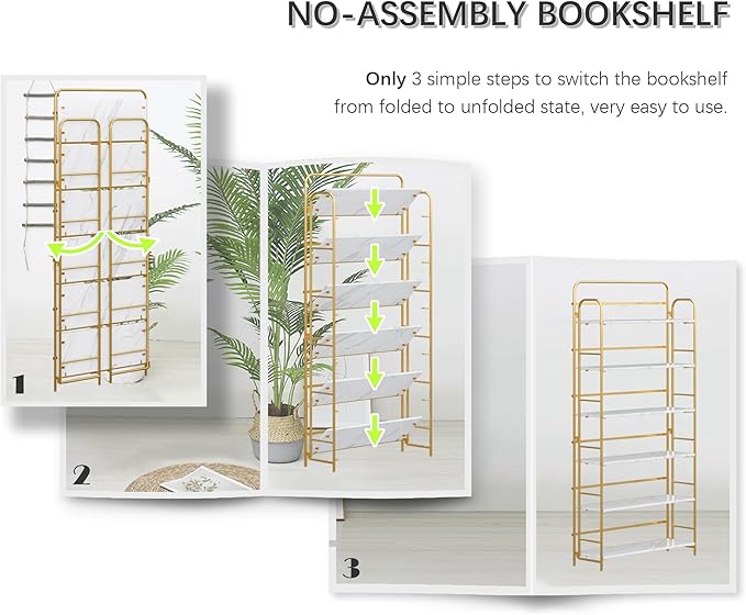 4NM No Assembly Folding Bookshelf, 6 Tiers Collapsible Book Shelves Open Industrial Foldable Storage Bookcase Shelf for Bedroom, Living Room, Home Office - White and Gold