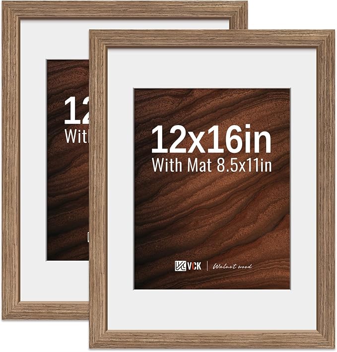 VCK 12x16 Picture Frame 2 Pack - Walnut, High-End Wood Poster Frames with Tempered Glass, Display 8.5x11 Photo with Mat or 12x16 without Mat, Art Gallery-Quality, Wall Hanging, Walnut