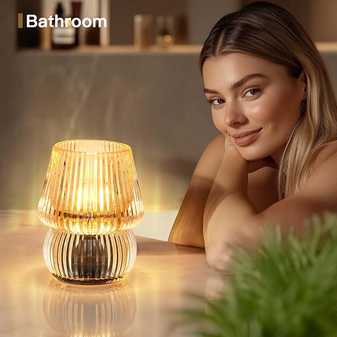 Battery Operated Lamp with Timer, Small Cute Cordless Glass Table Lamp for Home Decor, Kitchen, Bathroom, Birthday Gift for Women, Mushroom, Amber