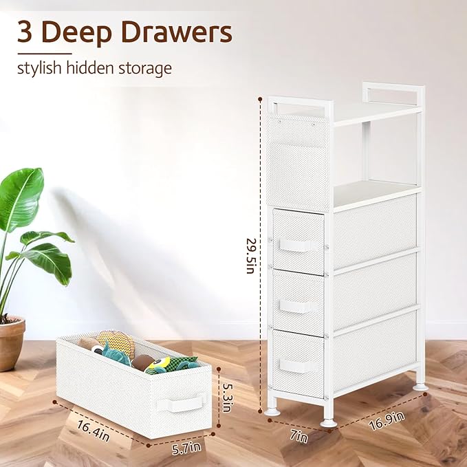 3 Drawer Small Narrow Side End Table for Small Spaces, Slim Nightstand Bedside Sofa Table with Wheels, Space Saving Skinny Thin Couch Desk with Storage Bag for Bedroom Living Room Bathroom,White