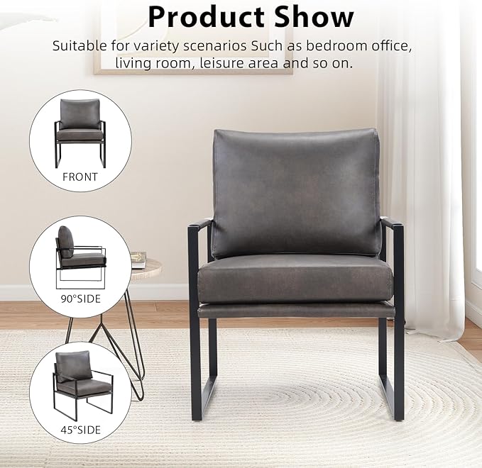 INZOY Mid Century Modern Accent Chair with Removable Cushions Set of 4, Comfy PU Leather Living Room Chairs with Thicker Backrest and Cushion, Metal Frame Design, Dark Grey