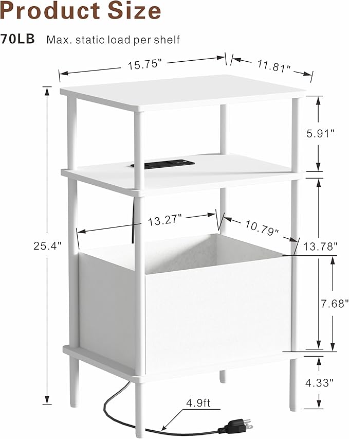 Small Side Table with Charging Station, End Table for Small Spaces, Slim Nightstand with Outlet,Sofa Beside Table, 3-Tier Storage Shelf,Living Room, Bed Room, Natrual White
