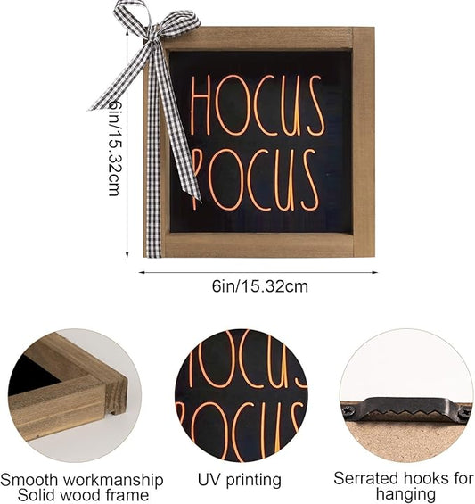 Hocus Pocus Sign, 6 Inch Wooden Halloween Decorative Signage Table Top Decor, Gothic Witch Indoor Tabletop Wall Art Shelf Mantel Desk Tiered Tray Rustic Farmhouse Home Decorations