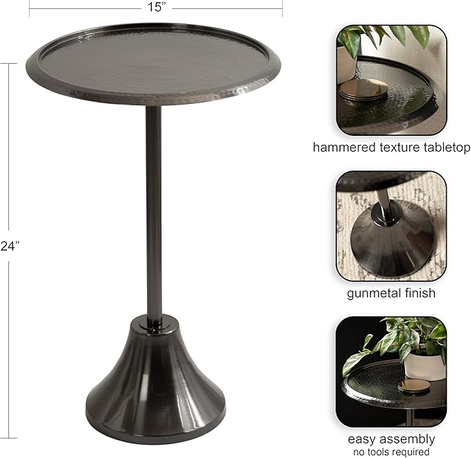 Kate and Laurel Sanzo Modern Pedestal Side Table; 15 x 15 x 24; Gray Gunmetal; Decorative End Table with Hammered Tabletop for Use as a Bedroom Nightstand or Living Room Accent Table
