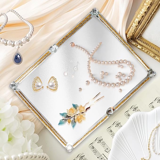 Large Mirror Perfume Tray for Dresser,Crushed Diamond Filled Glass Vanity Tray,Gold Decorative Bathroom Tray,Crystal Tray for Home Decorative,Party,Hotel Banquet,15.7x11.8x1.4inch,Gold