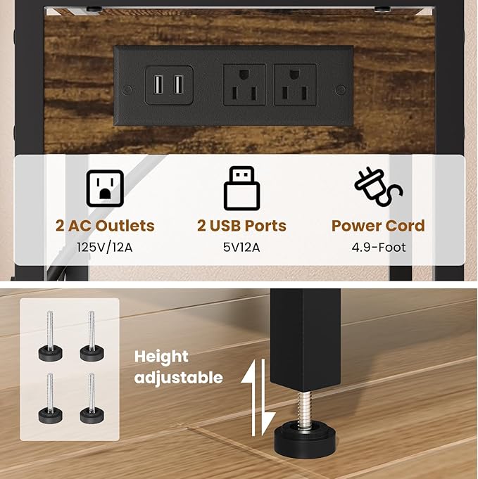 Record Player Stand with Charging Station, 3-Tier Side Table with LED Light, End Table Nightstand for Vinyl Storage, Tall Beside Tables Turntable Stand Living Room, Bedroom, Rustic Brown and Black
