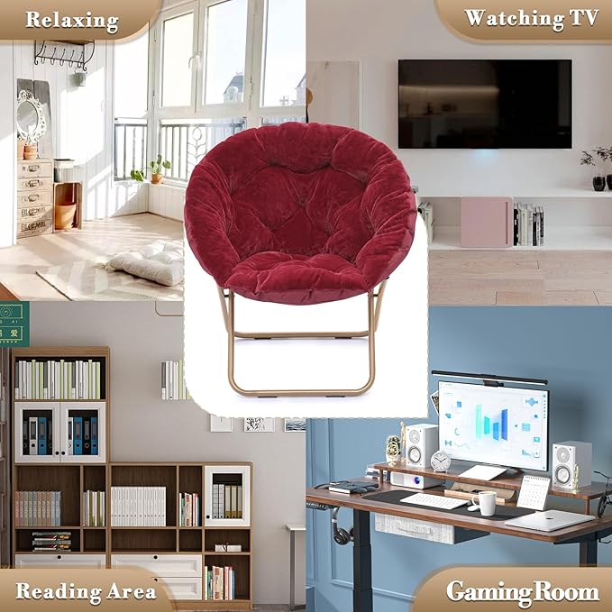 Athena Collection Comfy Saucer Chair Folding Cozy Chair for Bed Room Living Room Accent Chair Faux Fur Reading Chair Foldable Metal Frame Lazy Chair Moon Chair for Adult, Red