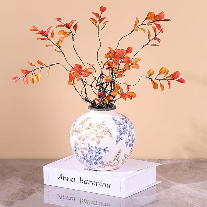 Vintage Blue and White Brown Round Vase, Chinoiserie Porcelain Blue Floral Vase, Mid Century Modern Pottery Flower Vases for Bouquet and Home Rustic Farmhouse Dining Table Decor