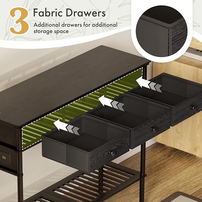 Entryway Table Sofa Console Table, Bamboo Small Entry Way Table with Drawers Storage and Power Outlets for Living Room, Hallway, Foyer, Entrance, Black