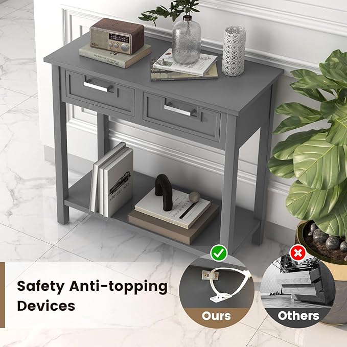 GOFLAME Small Console Table with 2 Drawers, 31” Entry Table with Storage Shelf, Modern, Narrow Sofa Table for Living Room, Hallway, Entrance (Gray)