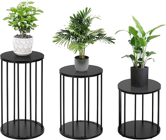 Plant Stand Indoor,small plant stool,Flower Pot Corner stand holder,Mid Century Heavy Duty Metal Tall Home Decor,Modern Round End Table,Small Rustic Display Stand for Living Room,Bedroom(Black,3 Packs)