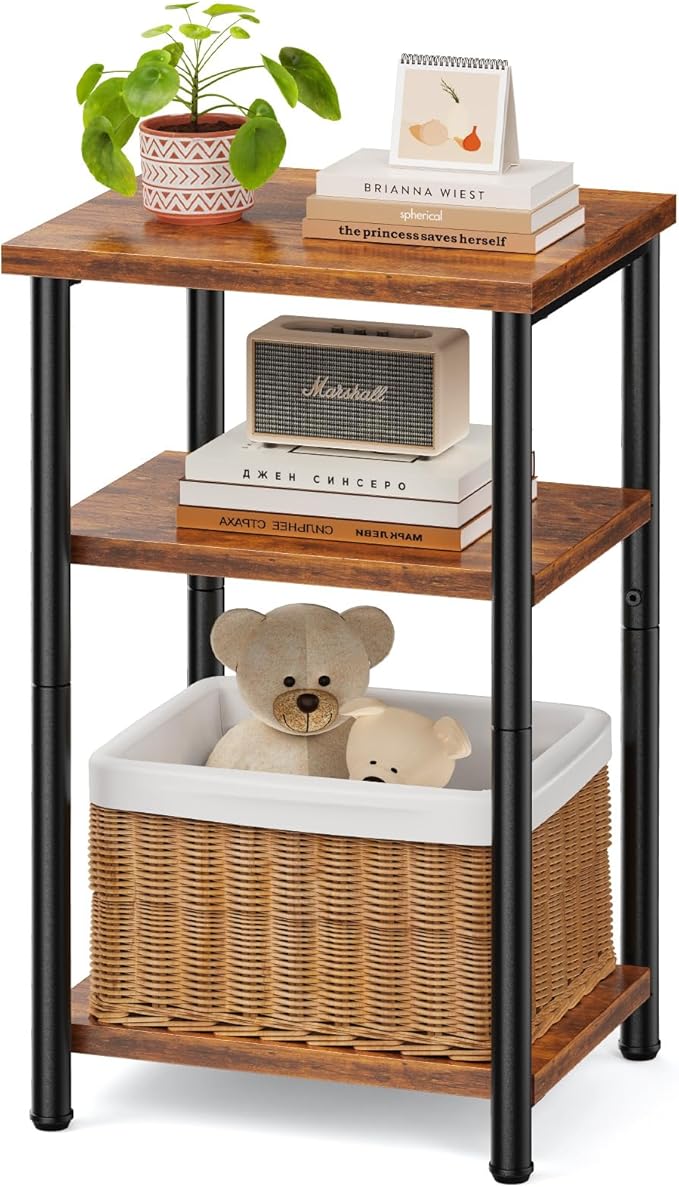 Sweetcrispy 3-Tier End Table with Adjustable Feet, Side Tables, Small Nightstand, 1-Pack for Bedroom, Living Room, Office, Rustic Brown