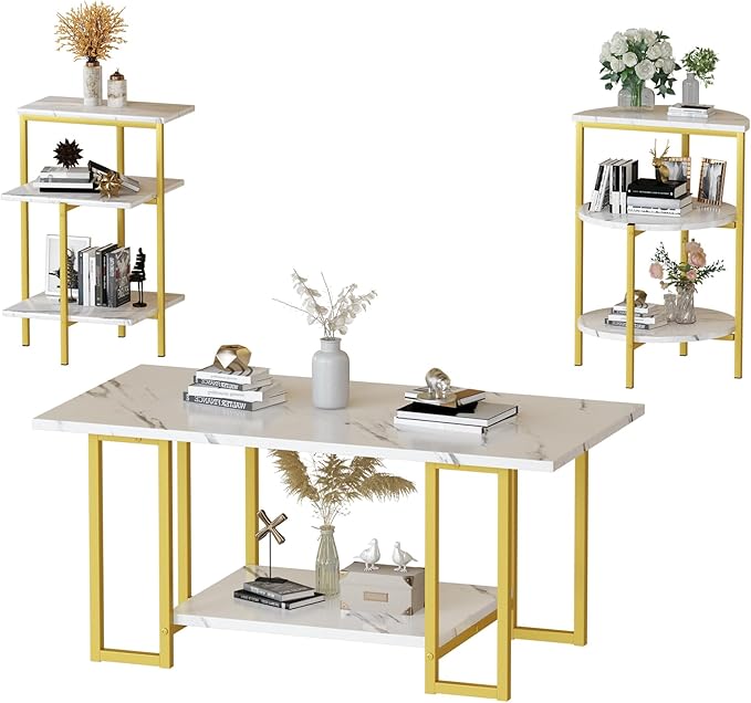AWQM Faux Marble Table Set, Coffee Table & 2 Side Table, Faux Marble Tabletop and Metal Frame, 3 Piece Table Sets, for Living Room Apartment, White & Gold