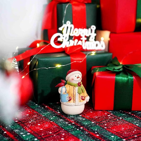 Snowman Figurine Christmas Decorations Indoor – Resin Snowman with Bird & Seed Bucket, Winter Tabletop Christmas Home Decor, Cute Seasonal Ornament for Holiday Display