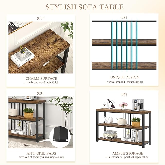 FOLUBAN Industrial Console Table, 3 Tier Entryway Sofa Foyer Table for Living Room Hallway Behind Couch, Rustic Brown