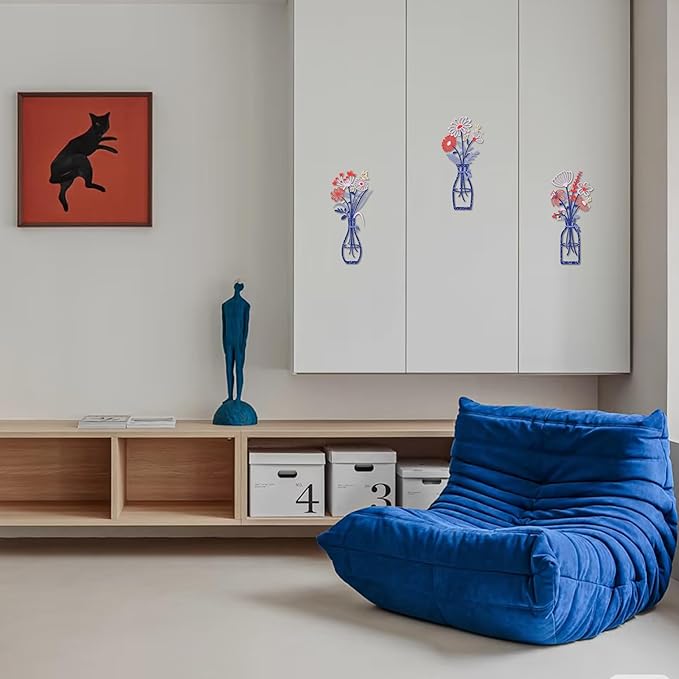 3 Pieces Metal Flowers Wall Art Decor, Farmhouse Minimalist Bathroom Wall Decors Sculptures for Living Room Dining Room Bedroom Housewarming Gifts