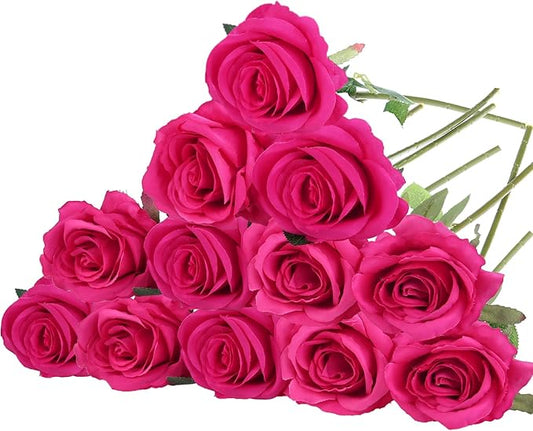 Felice Arts 12 Pack Hot Pink Roses Artificial Flowers with Stems Silk Fuschia Rose Bouquet for Wedding Bridal Bouquet Vase Table Centerpiece DIY Cake Valentines Decoration Decor