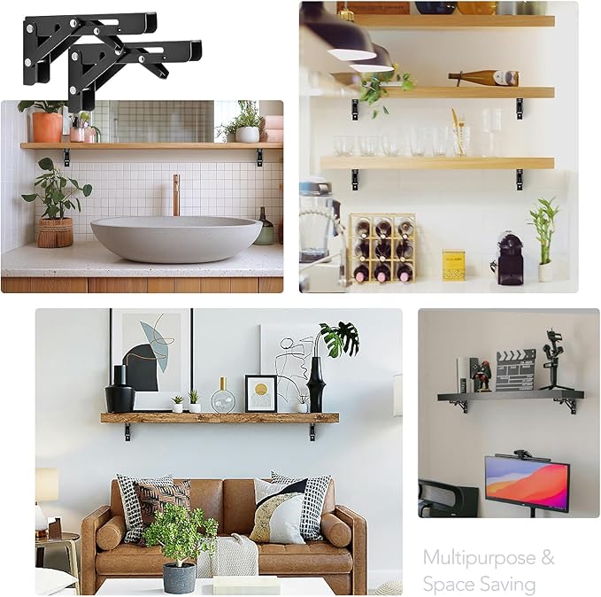 JOY DECOR 6 Inch Heavy Duty Folding Shelf Brackets, 4 Pack (2 Pairs) Collapsible Wall Mounted Brackets for Fold Down Table, Stainless Steel Folding Table Hinge, Matte Black