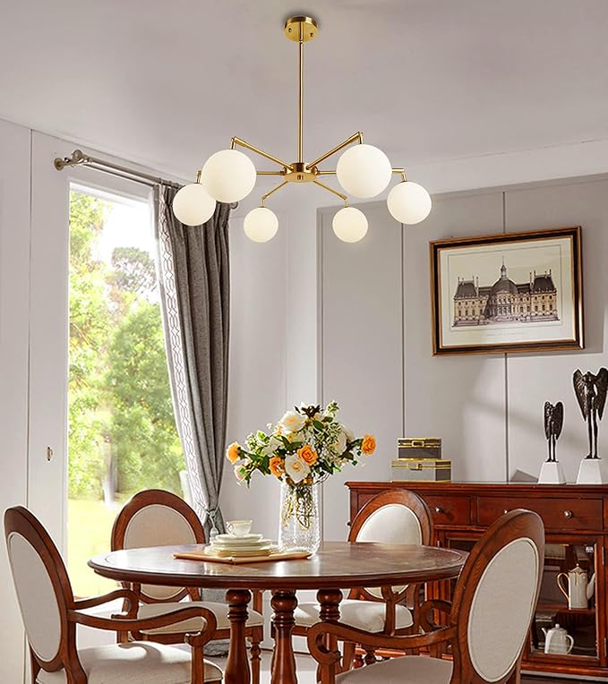6-Lights Globe Mid Century Chandelier Modern Sputnik Pendant Light Fixture with G9 Bulb Brushed Brass Finished with White Globe Glass Lampshade Dining Kitchen Island Bedroom Lighting (Gold)