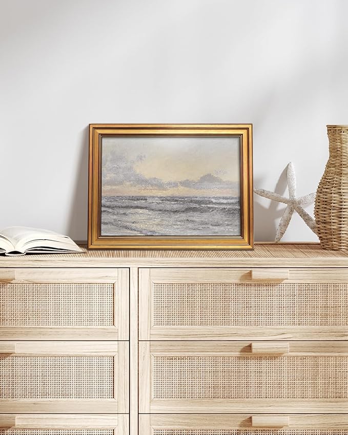 HUARCEY Gold Framed Vintage Wall Art for Living Room, Landscape Painting Prints Shelf Decor for Kitchen, Aesthetic Bedroom Wall Art, Christmas Gifts for Friends or Family (Sea or Sky - 12"x16")