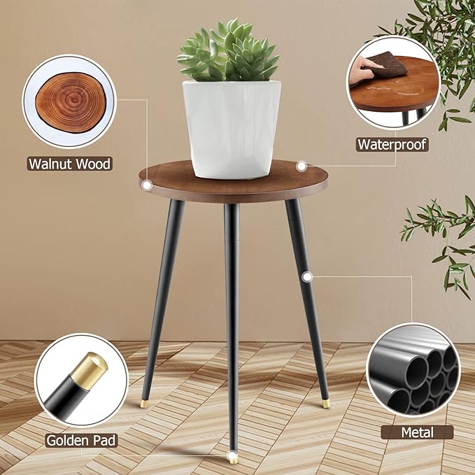 Plant Stand Indoor, Mid Century Wood Plant Stand Plant Table for Flower Pots, Heavy Duty Metal Tall Plant Holder, Modern Home Decor Small Round Side End Table (11.8"x16")