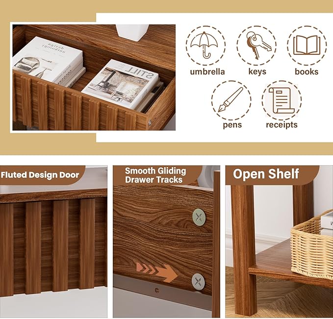 CHUWELL Entryway Console Table with 2 Fluted Drawers and Shelf, 47.2" Mid Century Entryway Table, Sofa Table for Living Room and Hallway (Brown)