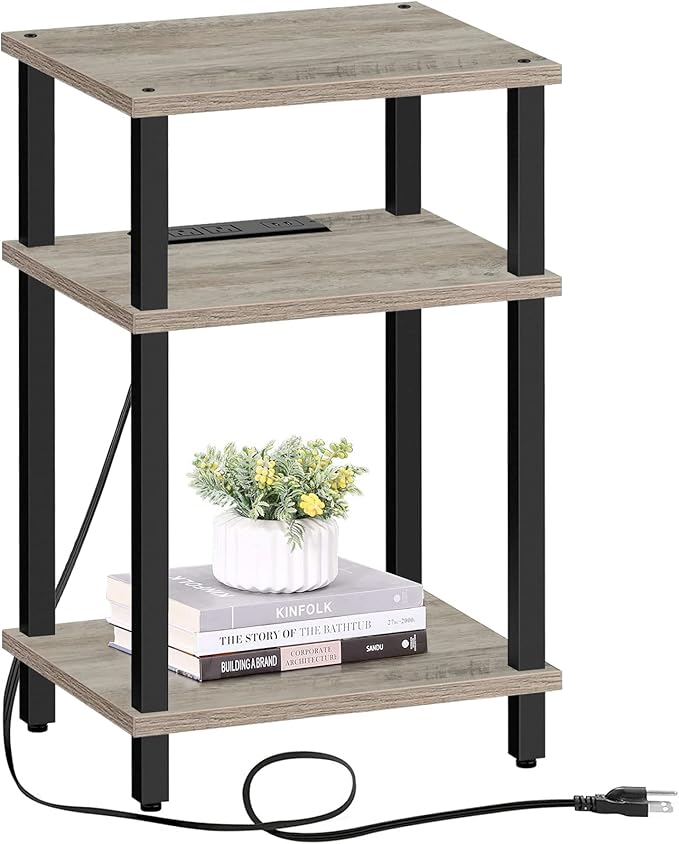 TUTOTAK End Table with Charging Station, Side Table with USB Ports and Outlets, Nightstand, 3-Tier Storage Shelf, Sofa Table for Small Space TB01BG042