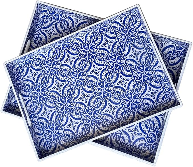 2 Pack Serving Tray with Handles, Rectangular Decorative Trays for Coffee Table, Modern Blue Plastic Ottoman Tray for Living Room, Bathroom, Kitchen, Decor, (Boho Blue)