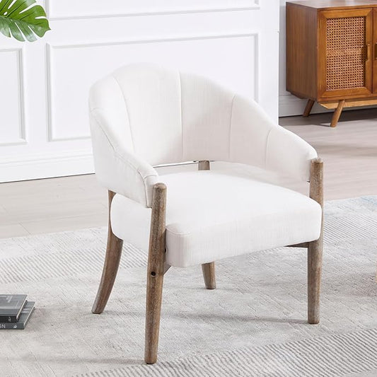 HEAH-YO Comfy Modern Accent Chair Set of 1,Upholstered Linen Living Room Chair,Reception Armchair with Solid Wood Legs,Reading Leisure Chair for Bedroom Makeup Vanity,Beige