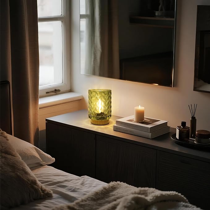 Battery Operated Lamp Cozy Bedside Ambience, Small Vintage Cordless Table Lamp for Shelf Office Desk, Glass Decorative Accent Lamp for Living Room/Entryway/Dorm Wave Design-Green