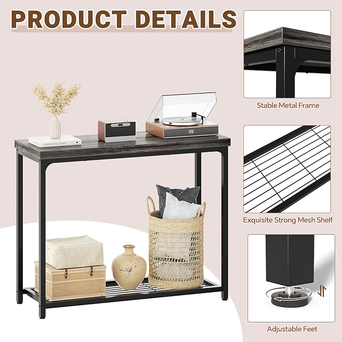 Console Table, Entryway Table, Sofa Table with Mesh Shelves, Console Tables for Living Room, Bedroom, Hallway, Entryway, Foyer (2 Tier, Oak Grey, 32 inch)