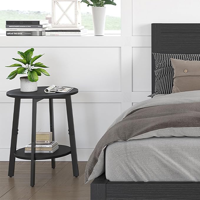 Side Table Set of 2, Small Round End Table with Storage Shelf for Small Space, 2-Tier Black Bedside Table Sofa Couch Table, Nighstands Set of 2 Accent Table for Living Room, Bedroom, Black