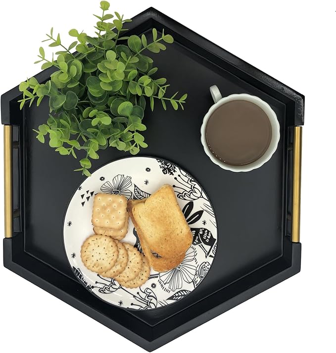 Serving Tray with Polished Metal Handles, Hexagon Coffee Table Tray, Modern Rectangle Decorative Tray, Large Ottoman Tray, Perfect for Storage and Display (Black Hexagon)