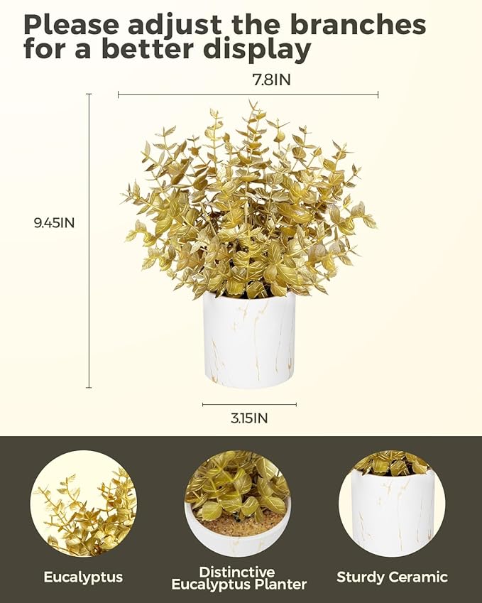 2 Pack Gold Artificial Eucalyptus Plant in Marble Pot, Faux Potted Greenery for Home Decor, Wedding Centerpiece, Christmas Table Decoration, Office Desk & Housewarming Gift