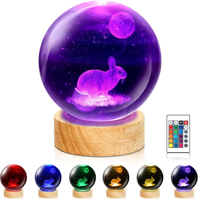Rabbit Crystal Ball Night Light - 3.15 Inch 16 Color LED Rabbit Glass Ball Lamp with Wooden Base and Remote Control - Perfect Decorations Gifts for Kids, Boys, Girls, Teens