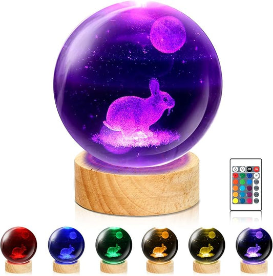 Rabbit Crystal Ball Night Light - 3.15 Inch 16 Color LED Rabbit Glass Ball Lamp with Wooden Base and Remote Control - Perfect Decorations Gifts for Kids, Boys, Girls, Teens