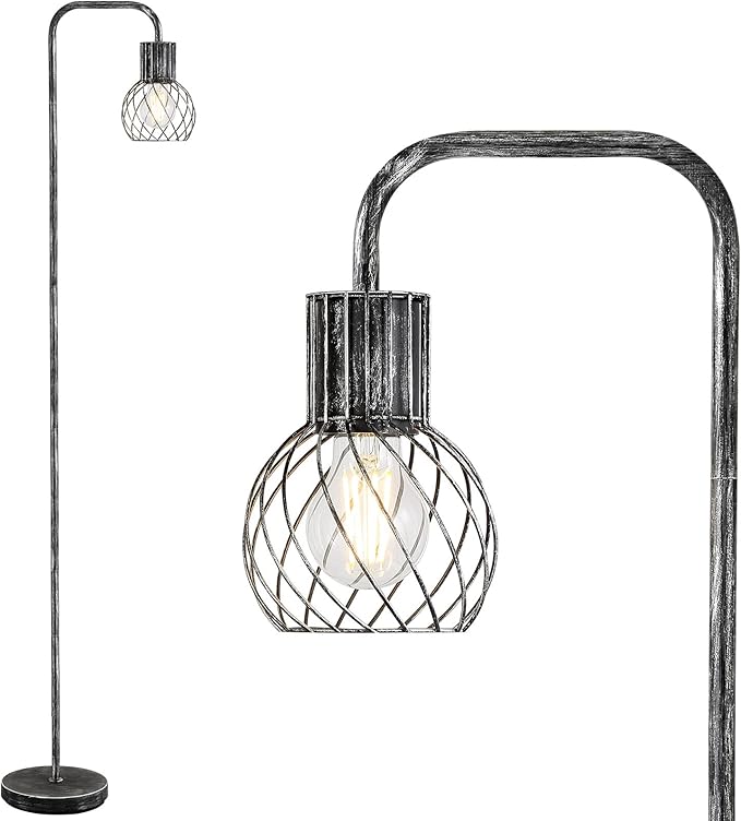 Industrial Floor Lamp, Antique Silver Standing Lamp Modern with 6W LED Bulb, Foot Switch, Metal Tall Lamps for Living Room, Bedroom, Office, Den, Vintage Stand Up Lamp, Minimalist Farmhouse Floor Lamp