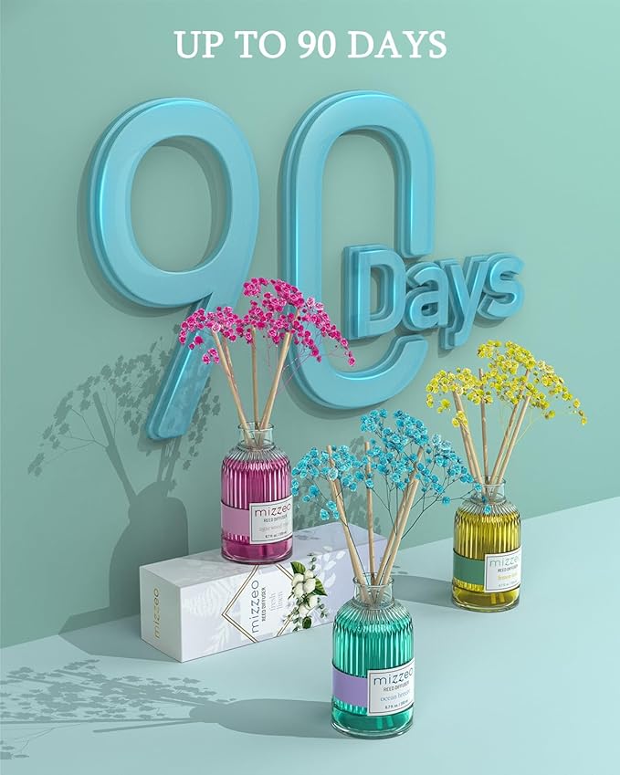 MIZZEO Reed Diffuser Set, Clean Linen 6.76 fl oz Highly Scented Room Diffuser Home Fragrance Essential Oil Reed Flower Diffuser, House Bedroom Office Decor & Gifts