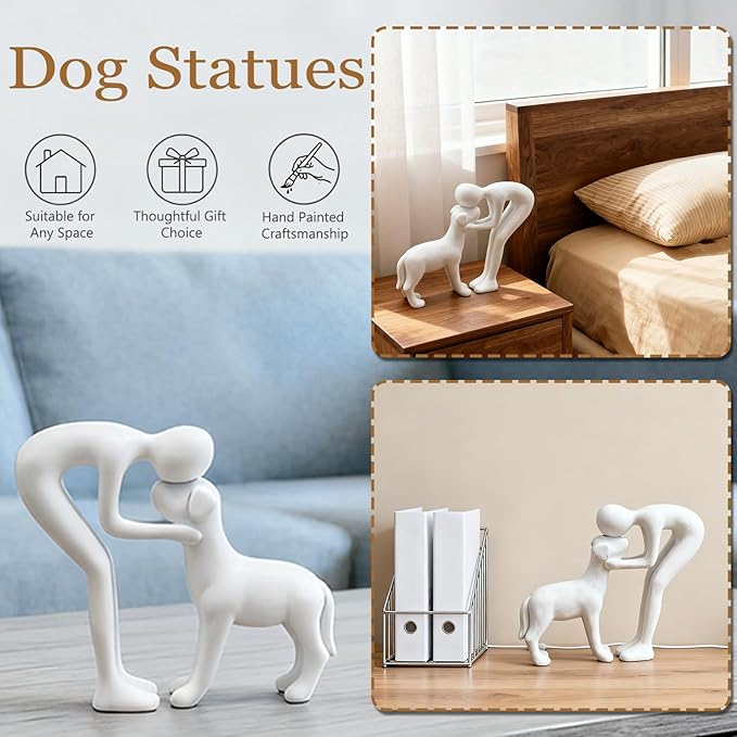 Dog Statues Home Decor Funny Man and Dog Sculpture Decorations for Home Bedroom Living Room Tabletop Bookshelf, Hand-Painted Resin Dogs Memorial Gifts Figurines for Pet Lovers, White